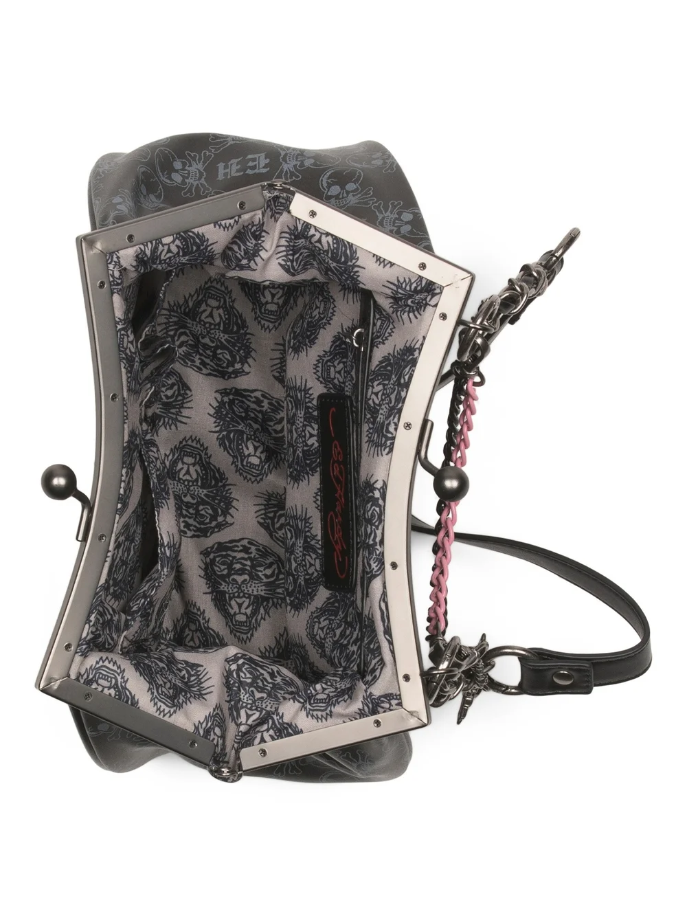 Ed Hardy Black Skull Print Shoulder Bag with Pink Accent
